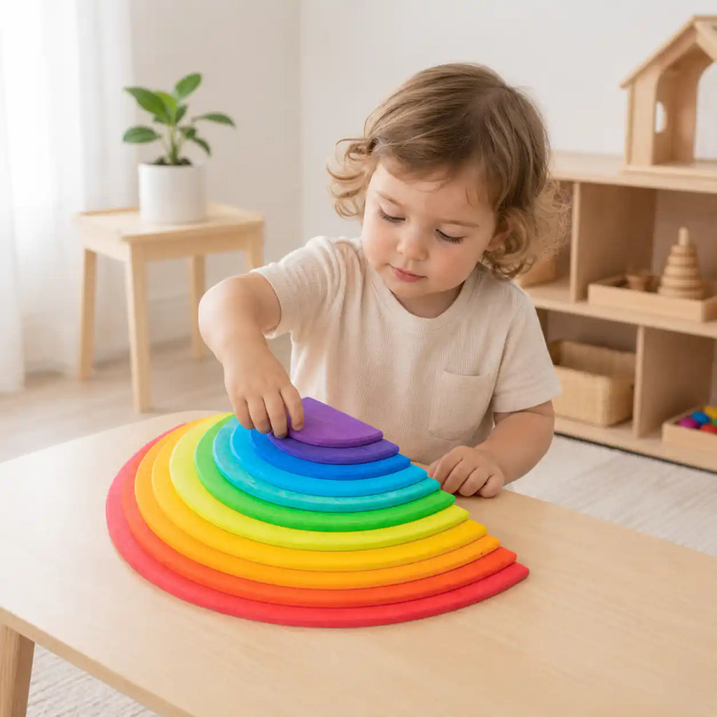 Preschool-age child placing the purple wooden semicircle on top of a fully nested rainbow stacker at a wooden table