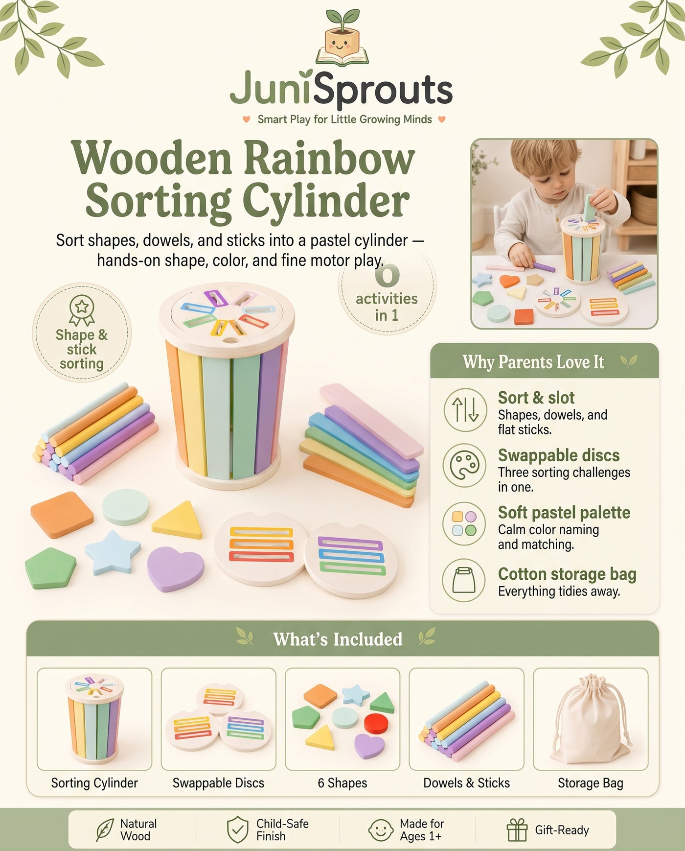 Wooden Rainbow Sorting Cylinder overview and what's included