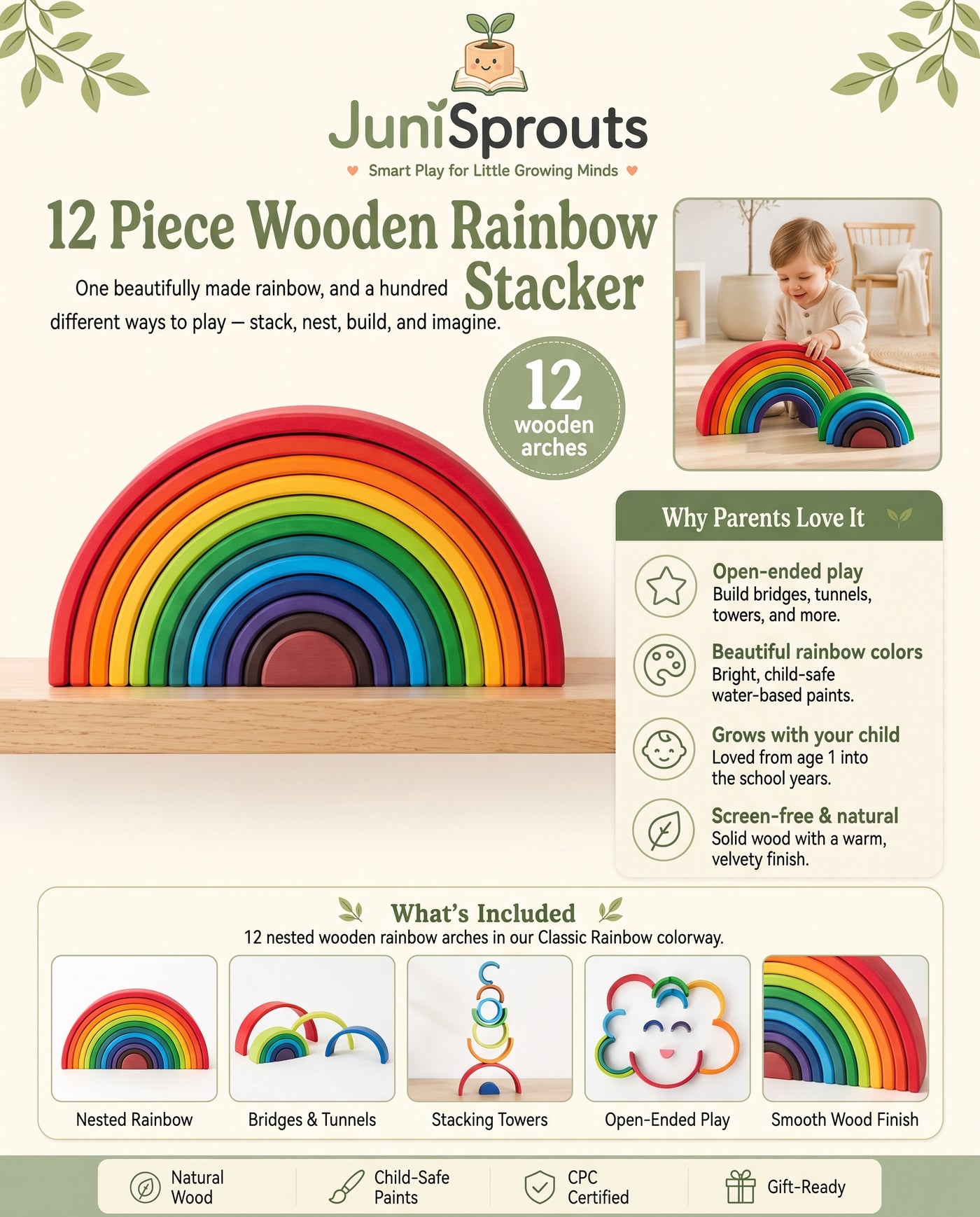 12 Piece Wooden Rainbow Stacker overview — why parents love it and what's included