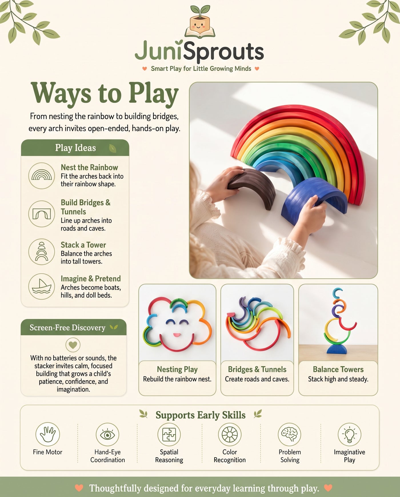 12 Piece Wooden Rainbow Stacker ways to play and early skills