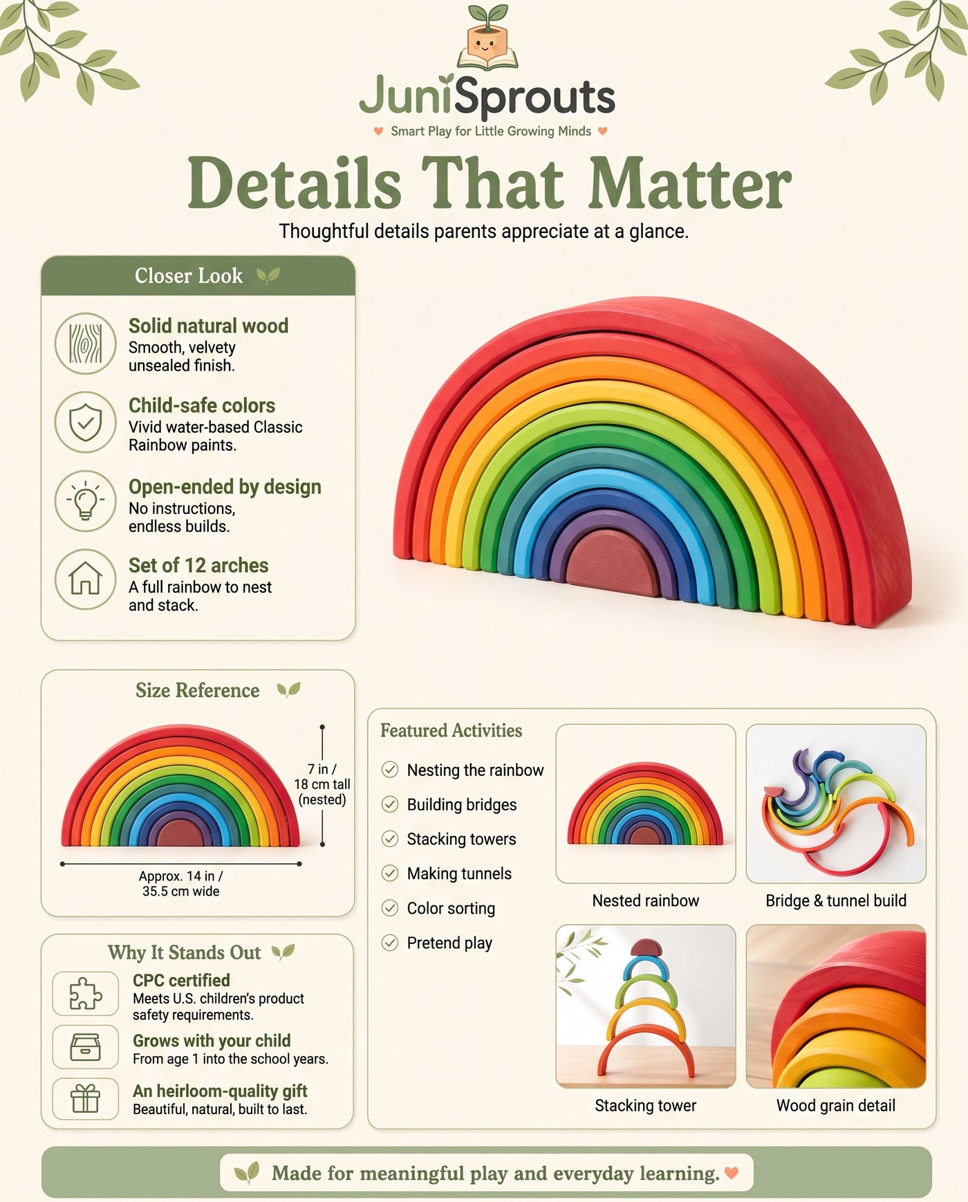 12 Piece Wooden Rainbow Stacker details, size reference and featured activities