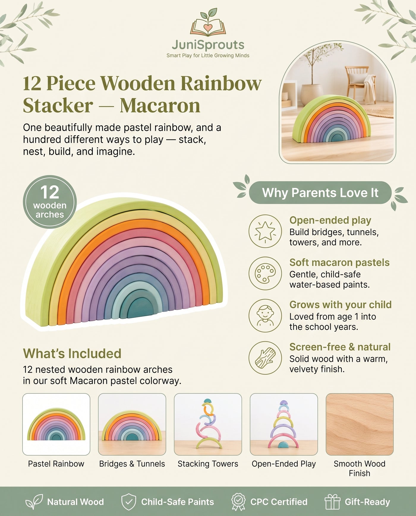 Macaron Wooden Rainbow Stacker overview — why parents love it and what's included