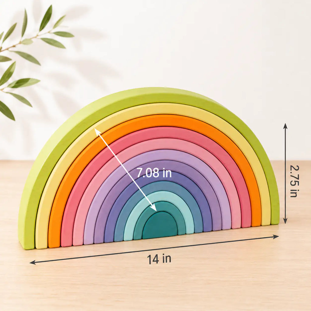 12-piece Macaron pastel wooden rainbow stacker with size dimensions shown for the largest and smallest arch piece