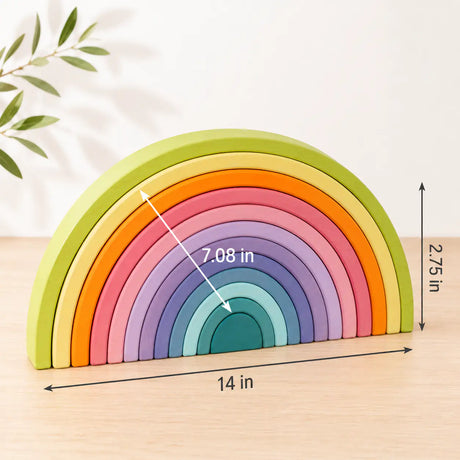 12-piece Macaron pastel wooden rainbow stacker with size dimensions shown for the largest and smallest arch piece