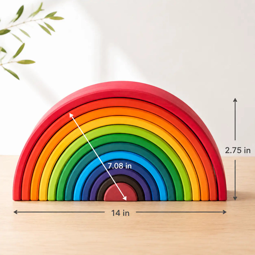 12-piece wooden rainbow stacker with size dimensions shown for the largest and smallest arch piece