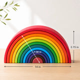 12-piece wooden rainbow stacker with size dimensions shown for the largest and smallest arch piece
