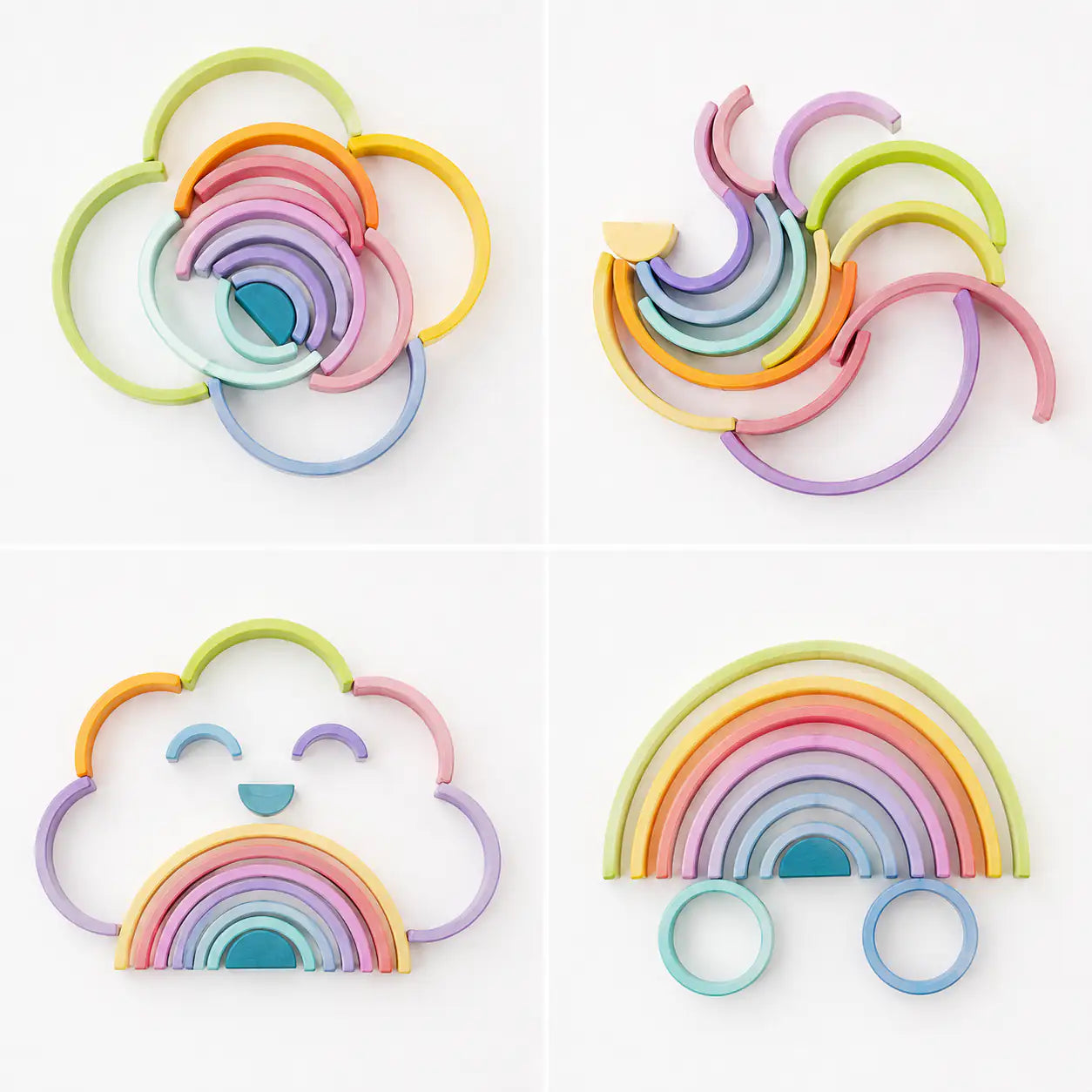 Macaron pastel wooden rainbow stacker arches arranged into a bridge and tunnel build for creative open-ended play