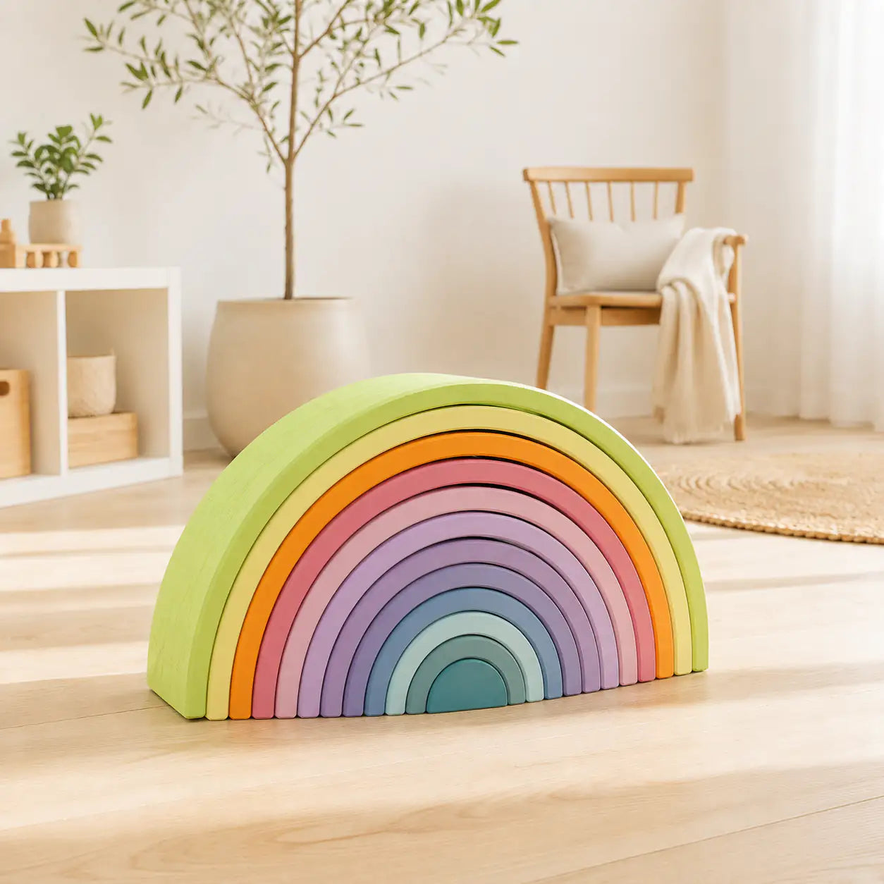 Macaron pastel wooden rainbow stacker styled on a play shelf in a warm, Montessori-inspired toddler playroom