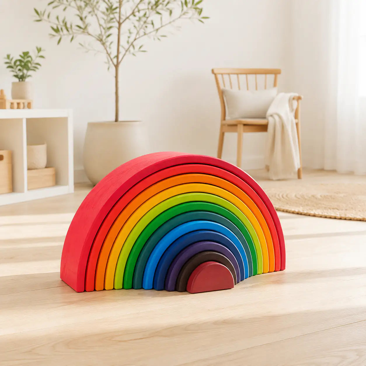 Wooden rainbow stacker styled on a play shelf in a warm, Montessori-inspired toddler playroom