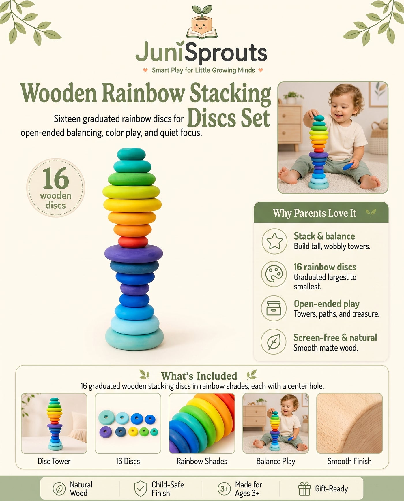 Wooden Rainbow Stacking Discs Set overview and what's included