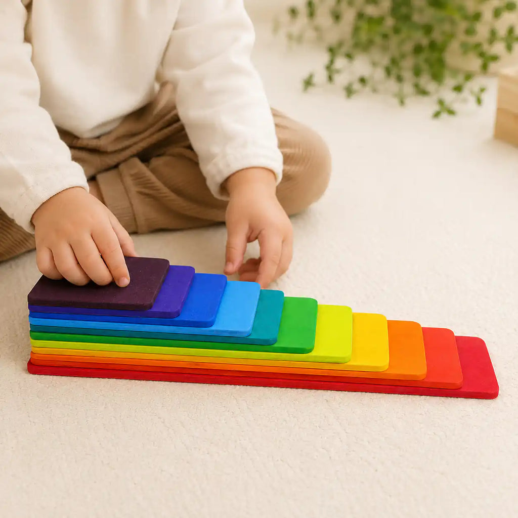 Wooden rainbow stacking tablets arranged into a pattern showing open-ended play options