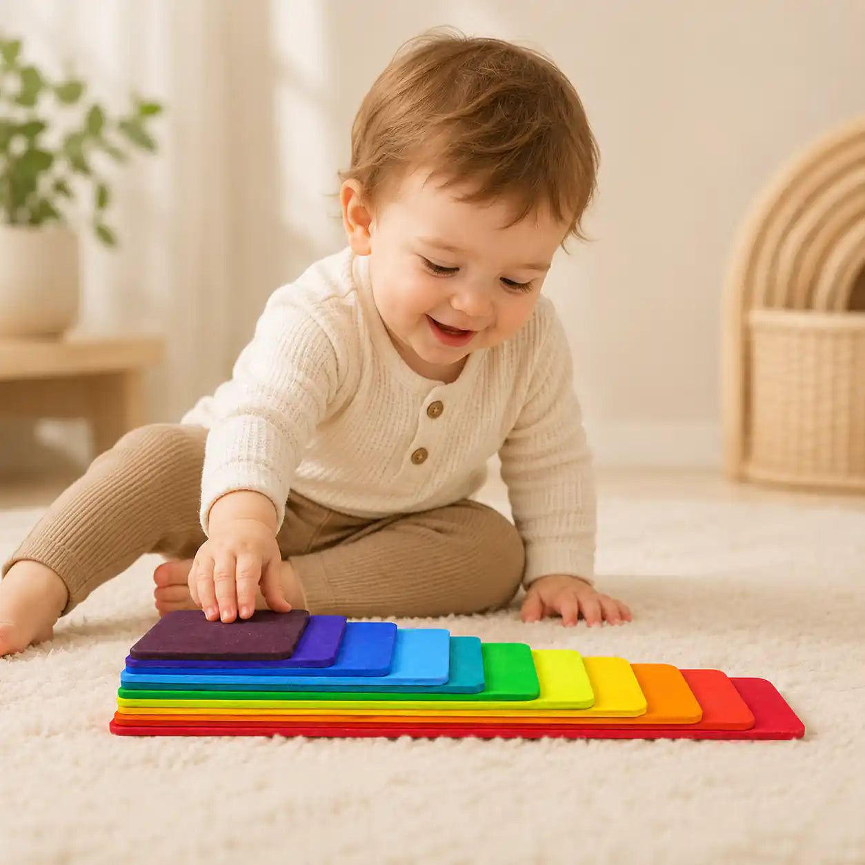 Side view of stacked wooden rainbow tablets showing color order and varied thickness