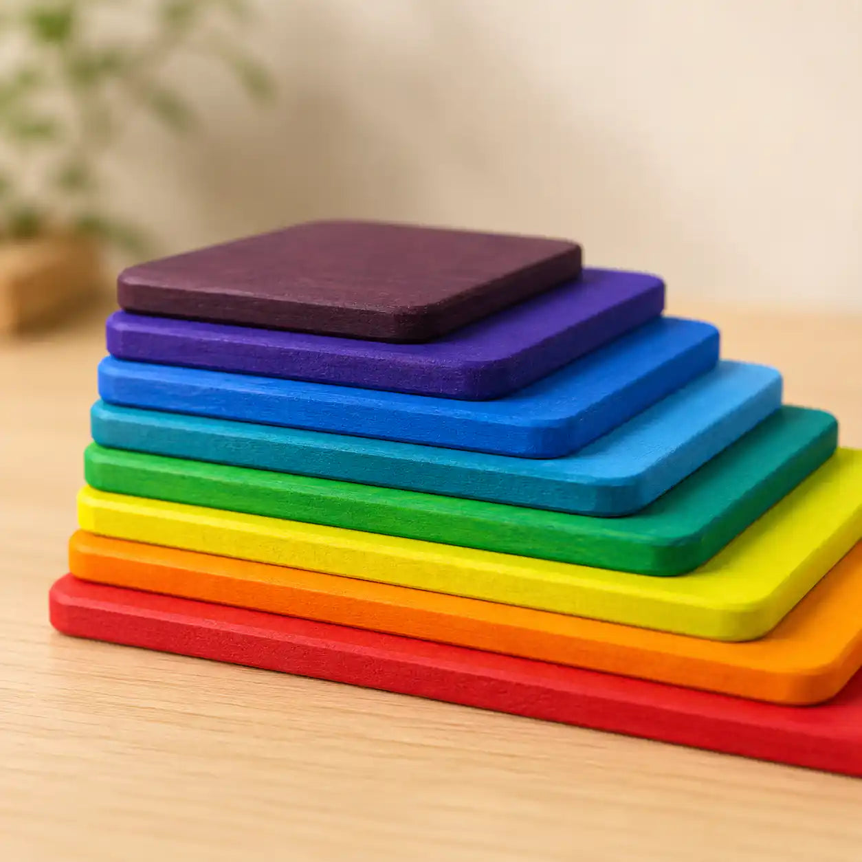 Close-up of a single wooden rainbow stacking tablet showing smooth painted finish