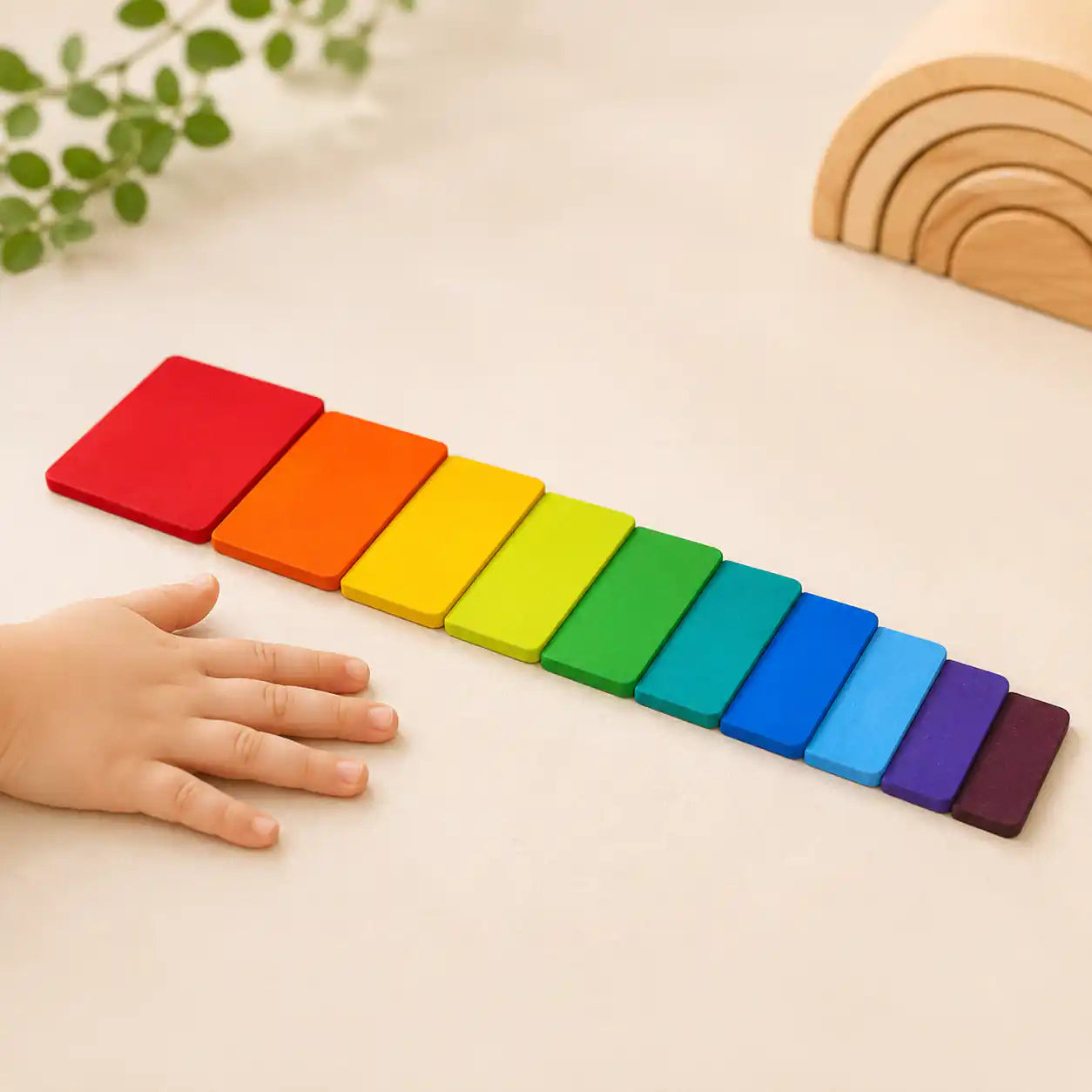 Wooden rainbow stacking tablets beside a ruler and tape measure showing size and scale