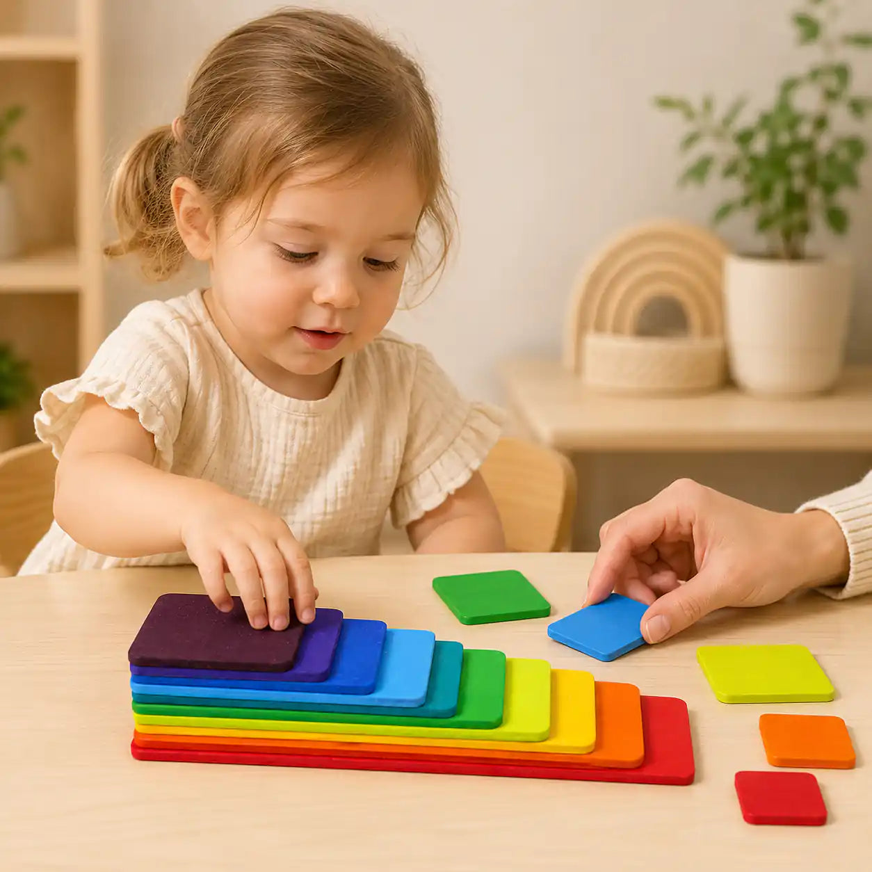 Wooden rainbow stacking tablets styled in a warm nursery play scene