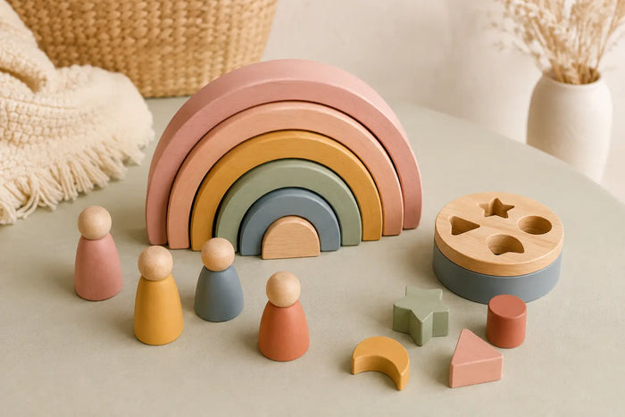 Wooden rainbow toddler toys — arch stacker, sorting pieces and pastel peg dolls — on soft sage. JuniSprouts Rainbow Collection, ages 1–4.