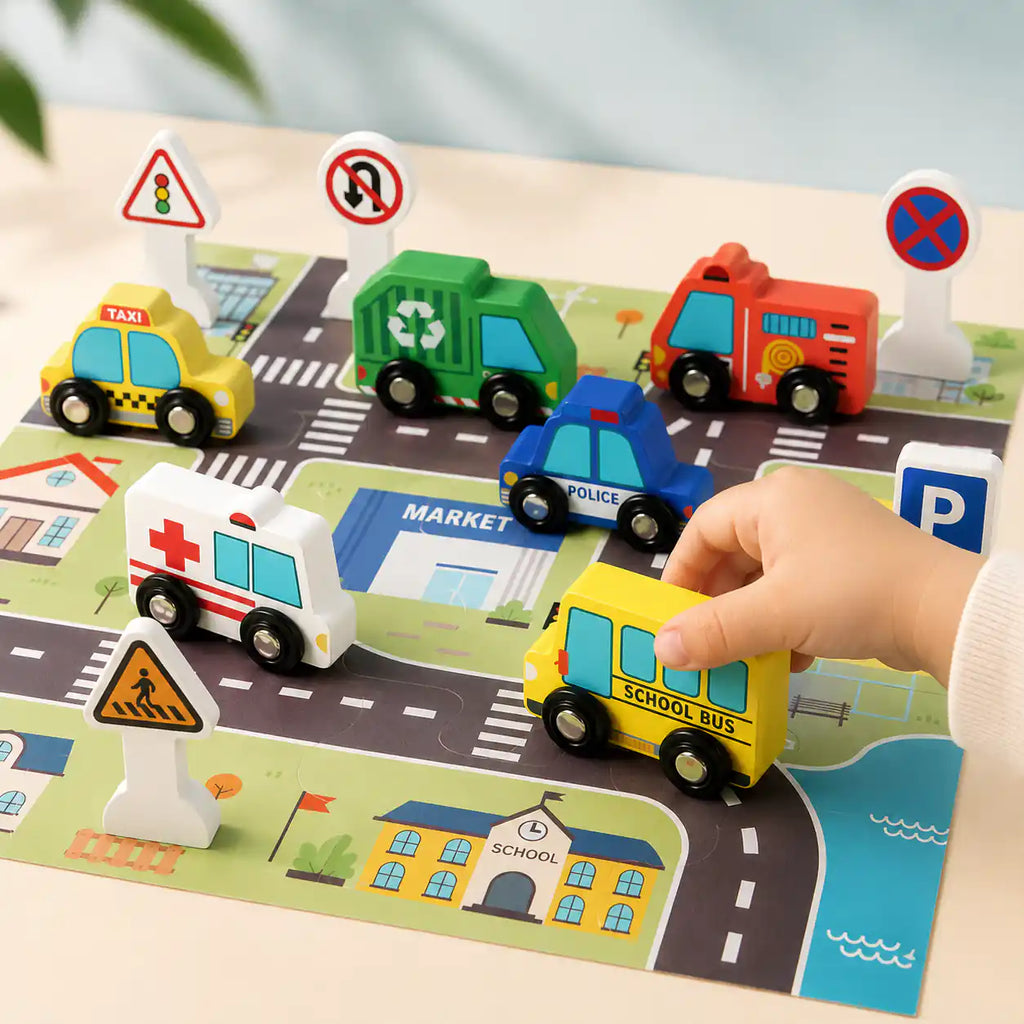 Close-up of the wooden green recycling truck, yellow school bus, traffic light sign, and parking sign from the city play set