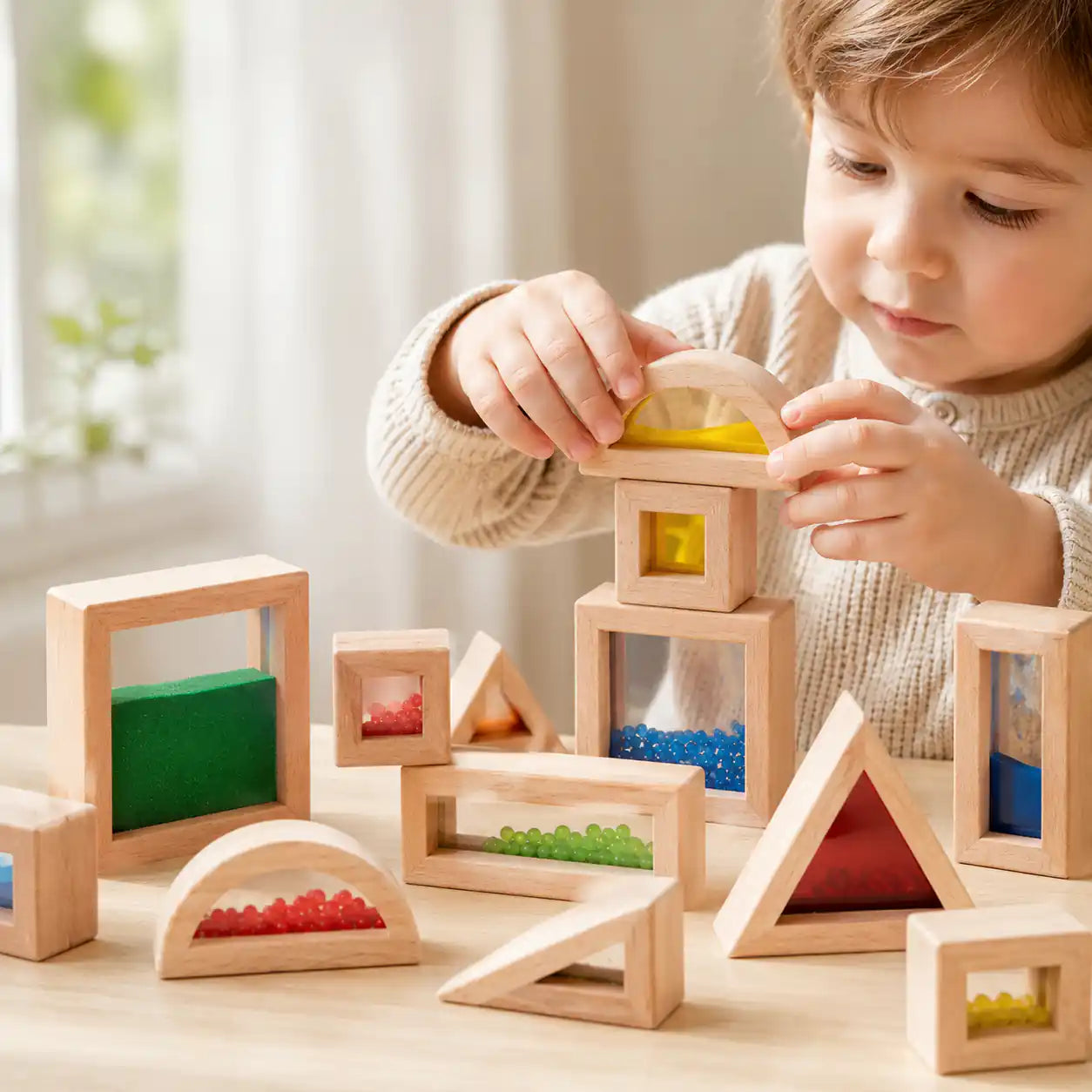 Wooden bead-filled sensory blocks for tactile toddler exploration