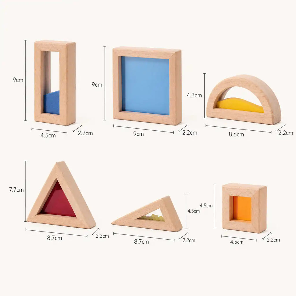 Wooden sensory blocks set dimensions and size reference chart