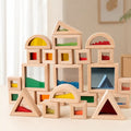 Wooden sensory blocks set with colored sand, beads, and mirror window panels