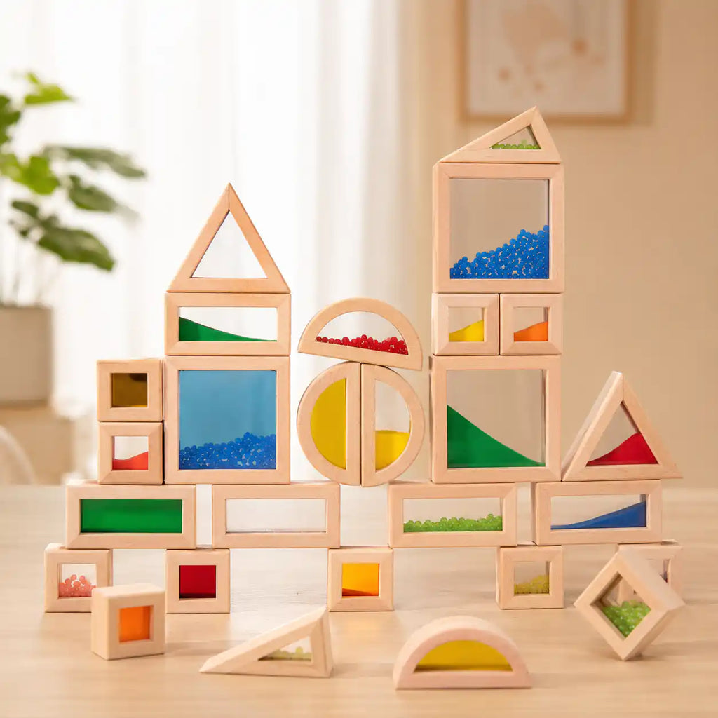 Family lifestyle scene with the Montessori wooden sensory blocks set