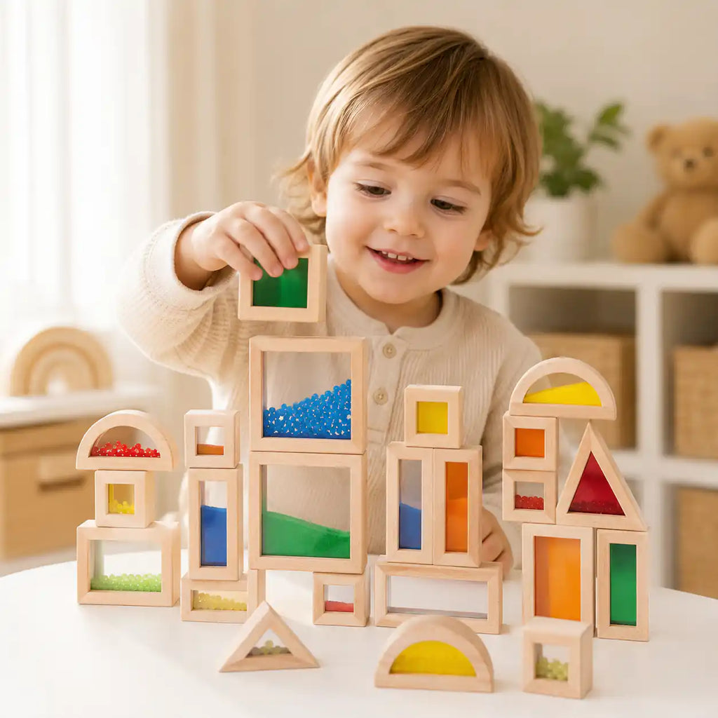 Mirror panel detail on a Montessori wooden sensory block