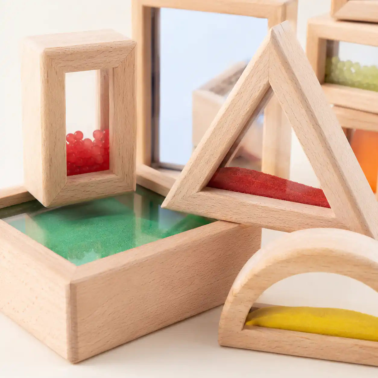 Wooden sensory blocks set with natural beech wood frames