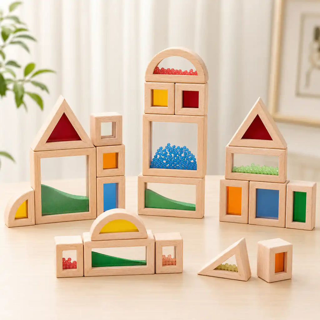 Close-up of colored sand window inside a wooden sensory block