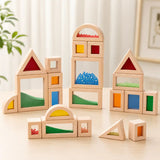 Close-up of colored sand window inside a wooden sensory block