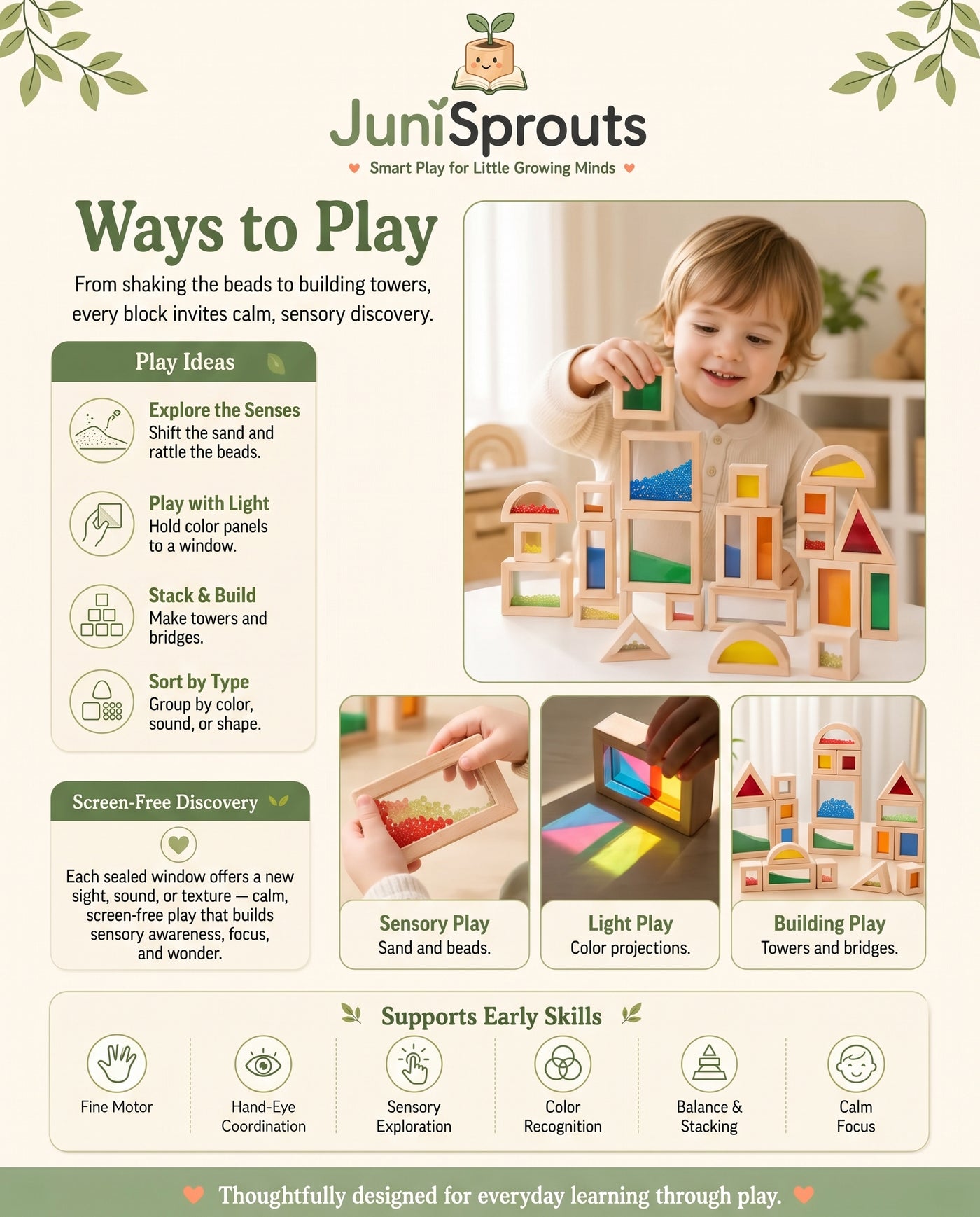 Wooden Sensory Blocks Set ways to play and early skills