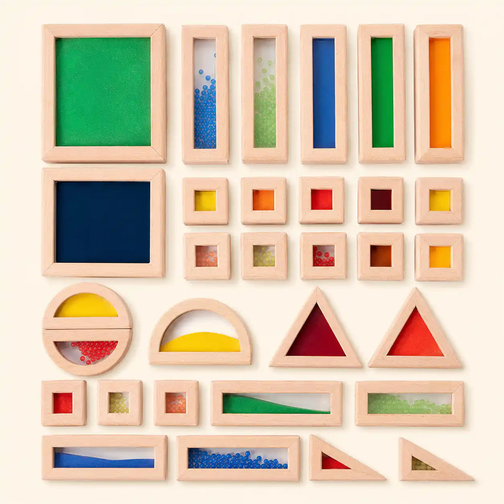 Wooden sensory blocks stacked into a Montessori tower on cream background