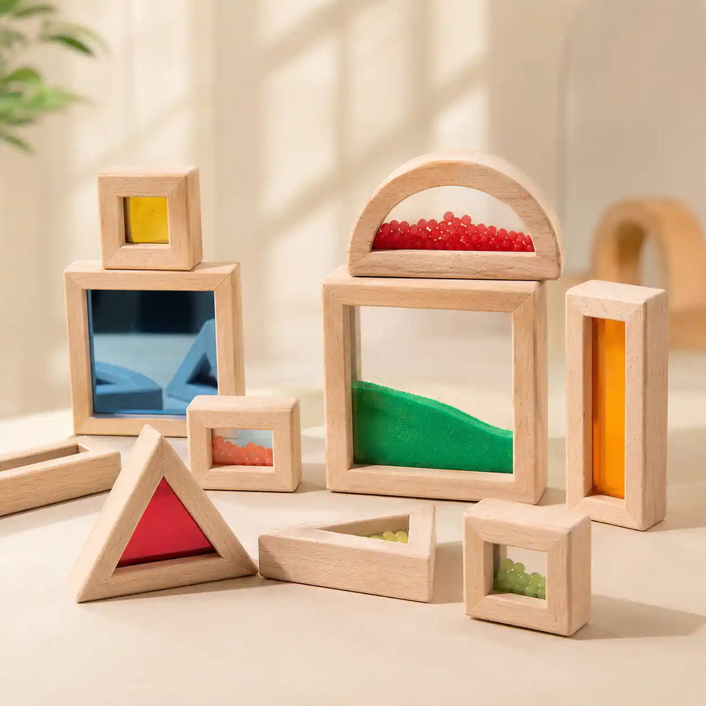 Toddler exploring the wooden sensory blocks in a calm Montessori playroom