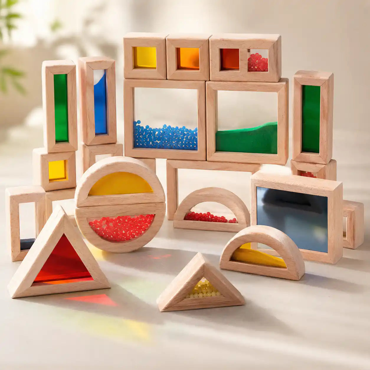 Top view of the Montessori wooden sensory window blocks set