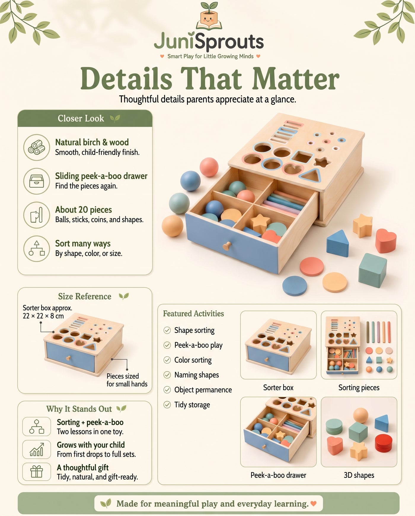 Wooden Shape Sorter Box details and size reference