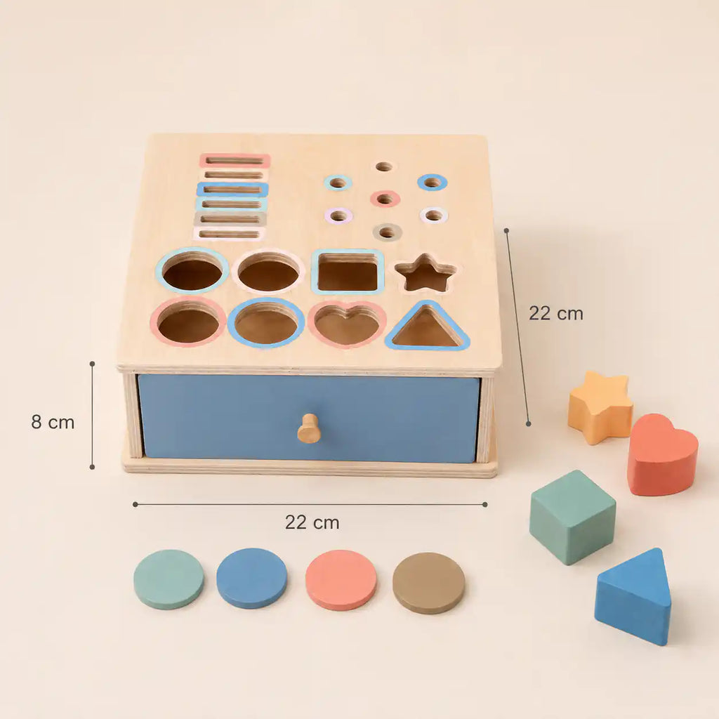 Wooden shape sorter box dimensions and size reference chart