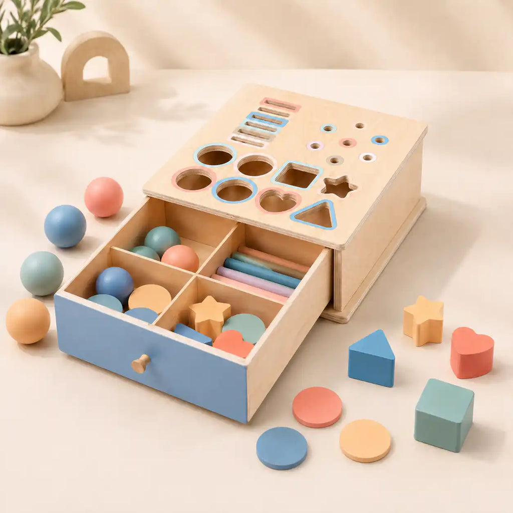 Wooden shape sorter drawer open showing balls, shapes, and storage compartments