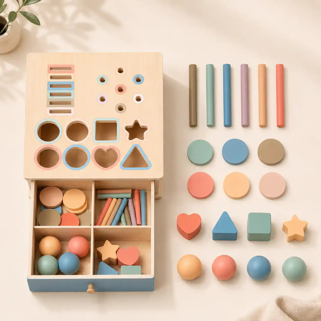 Top-down view of the wooden shape sorter box with all sorting pieces laid out