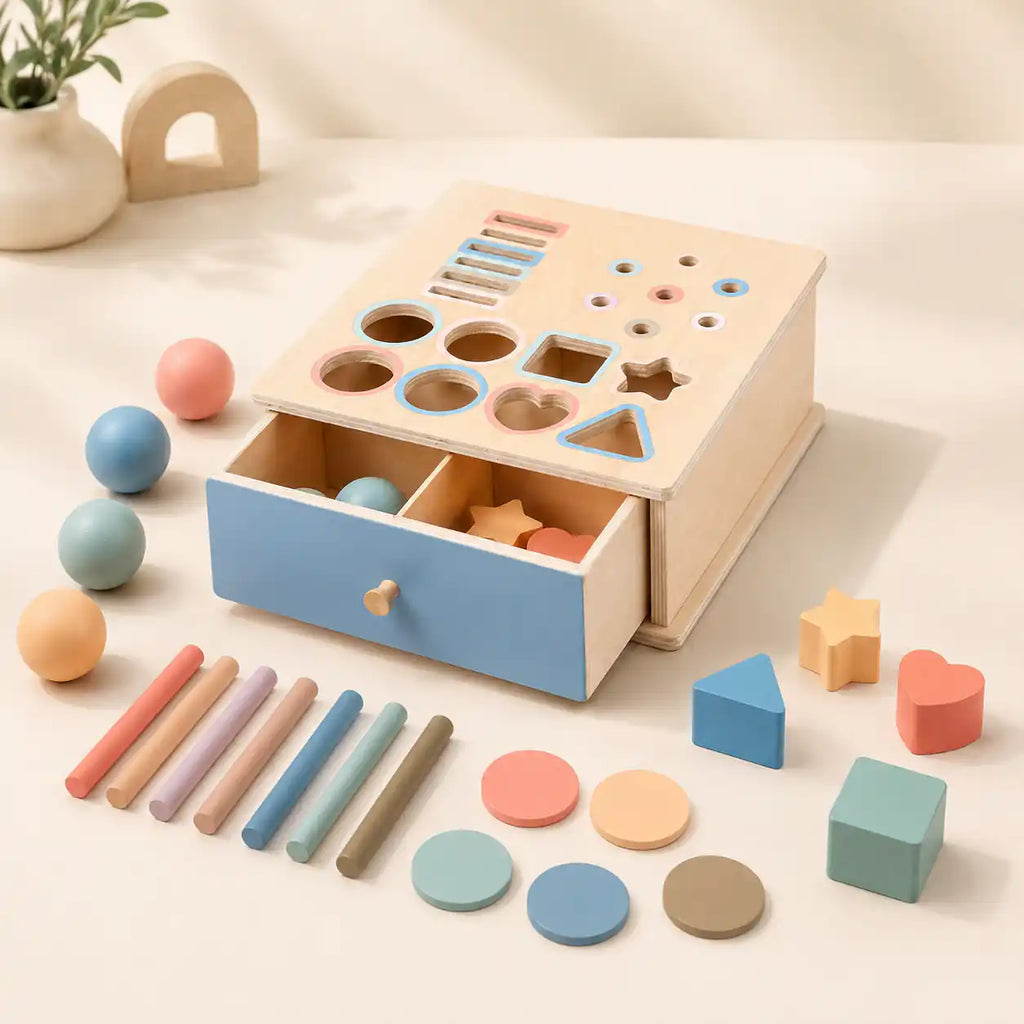 Wooden Montessori shape sorter box with sliding drawer and colorful sorting pieces