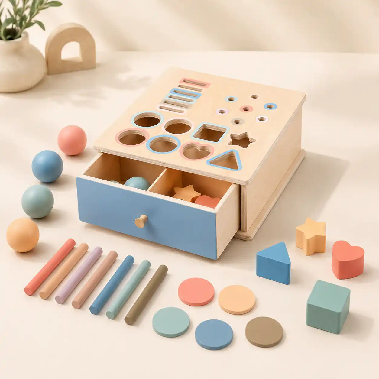 Wooden Montessori shape sorter box with sliding drawer and colorful sorting pieces