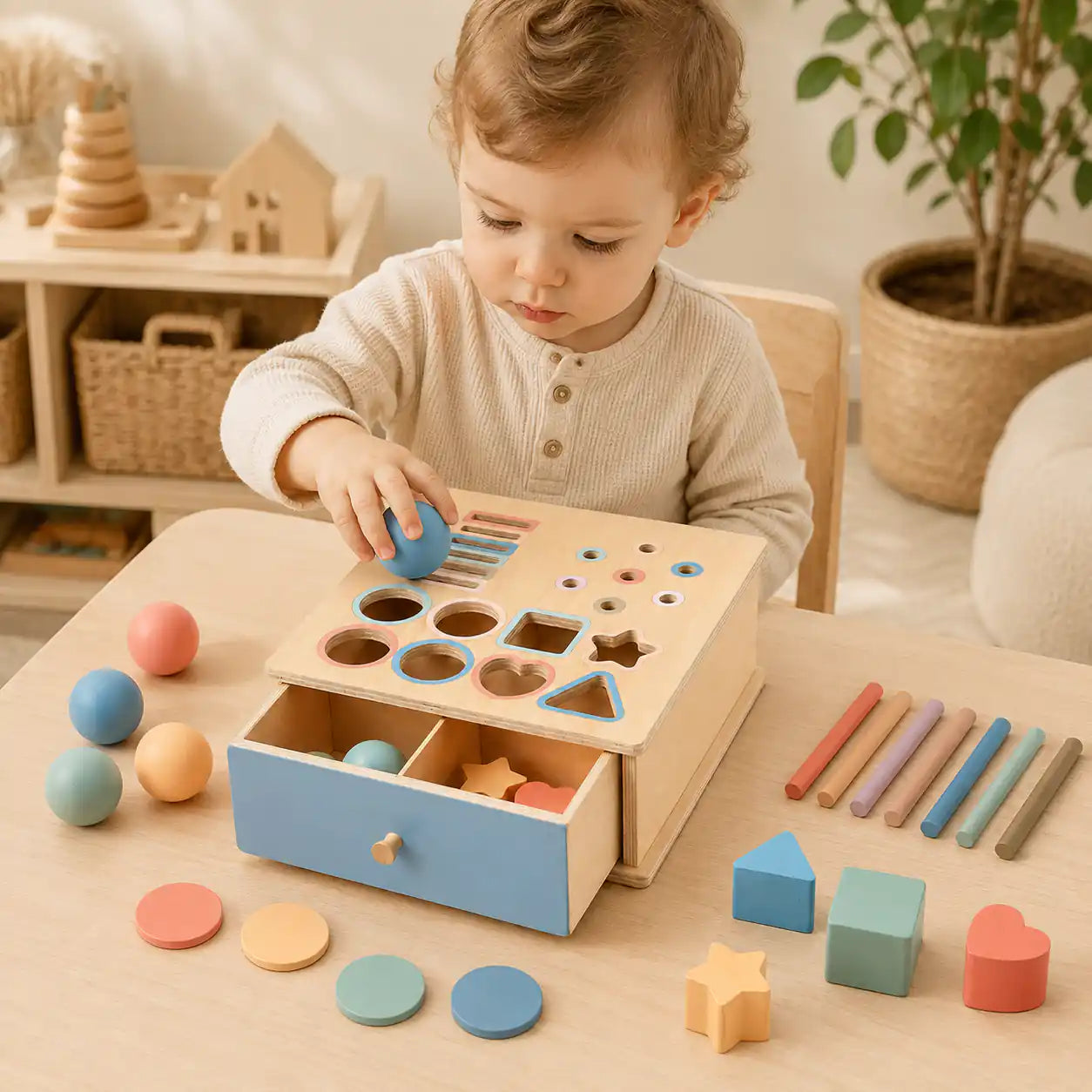 Toddler engaged with the wooden shape sorter at a calm play table