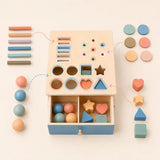 Wooden shape sorter top view showing how each piece matches its hole