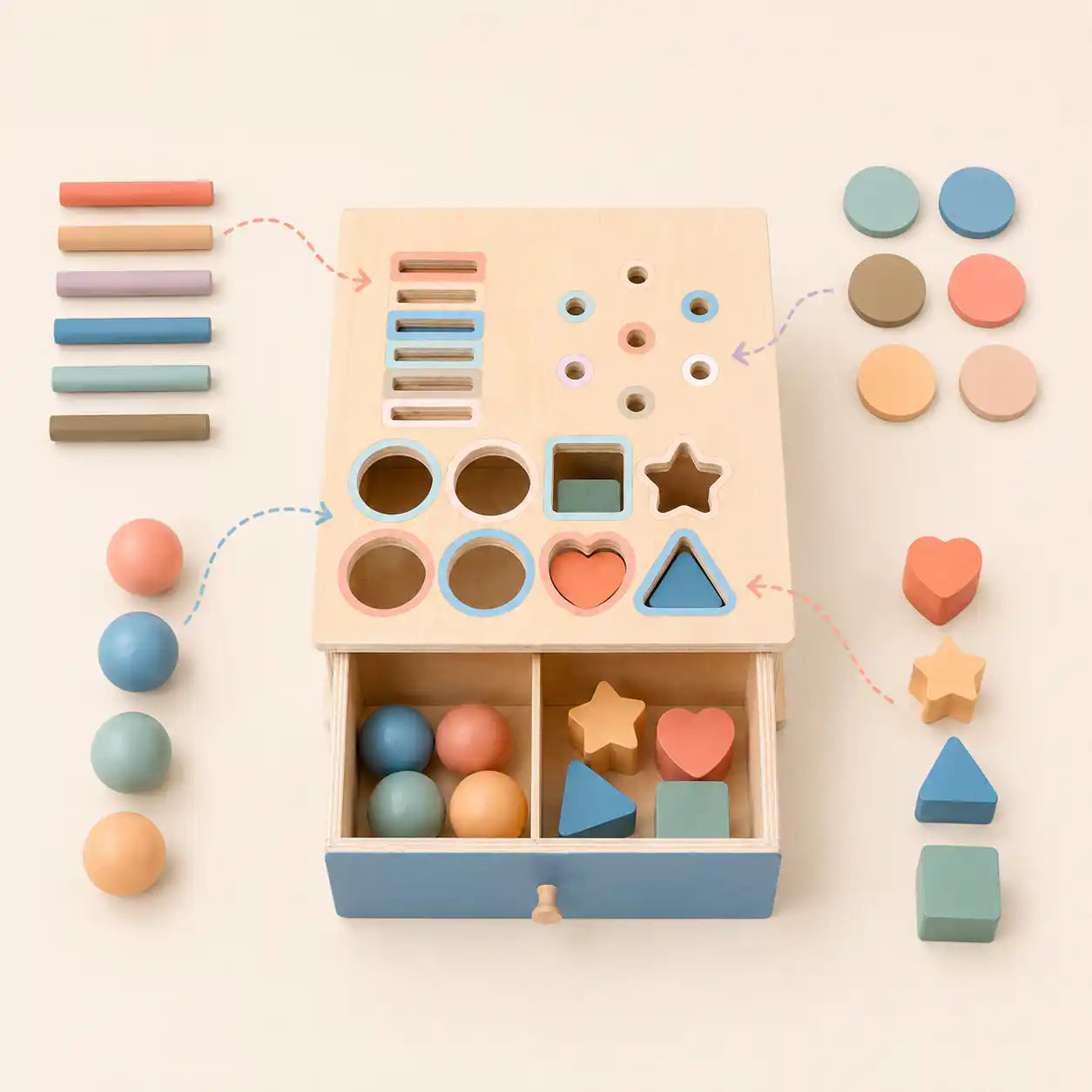 Wooden shape sorter top view showing how each piece matches its hole