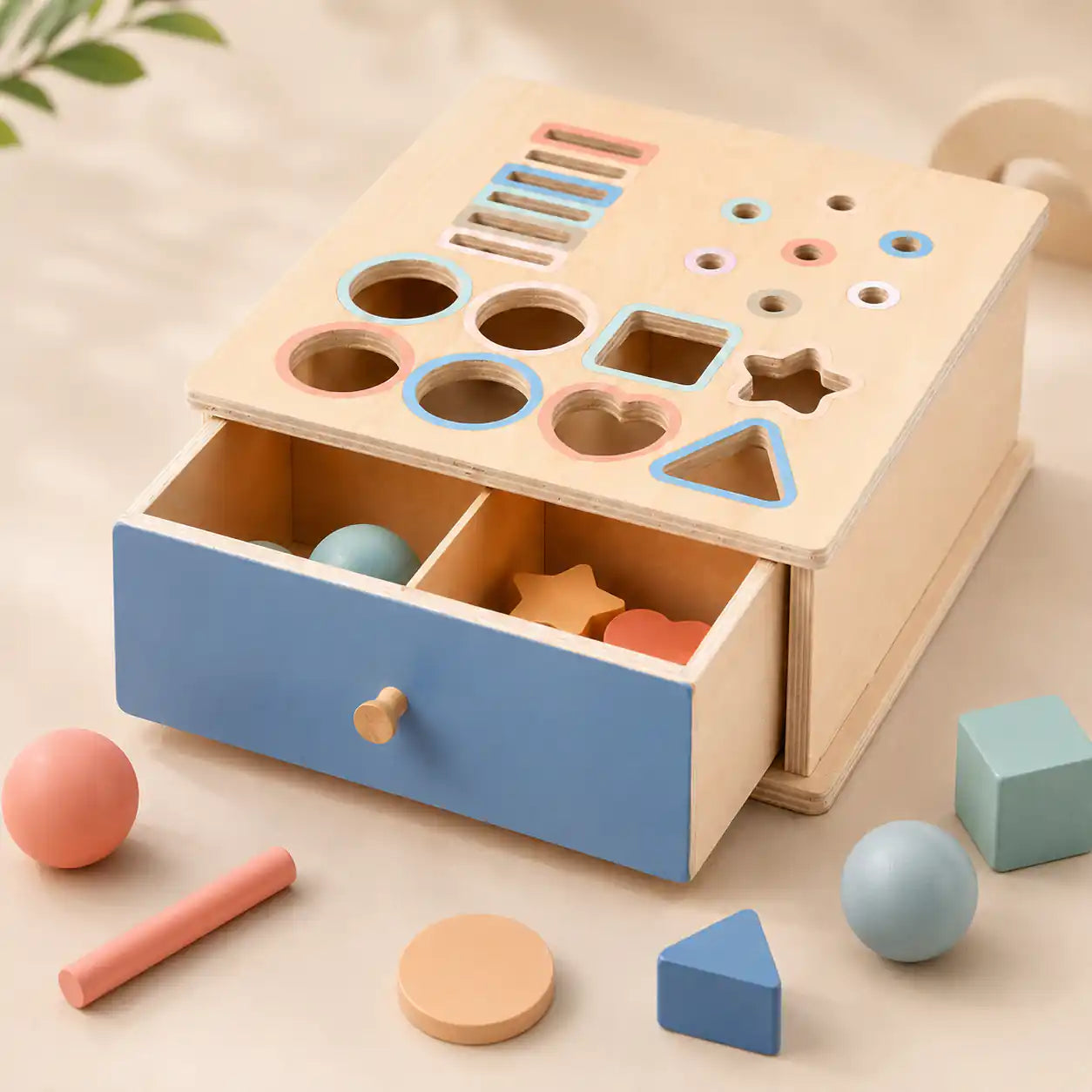 Side angle of the wooden shape sorter with open peek-a-boo drawer