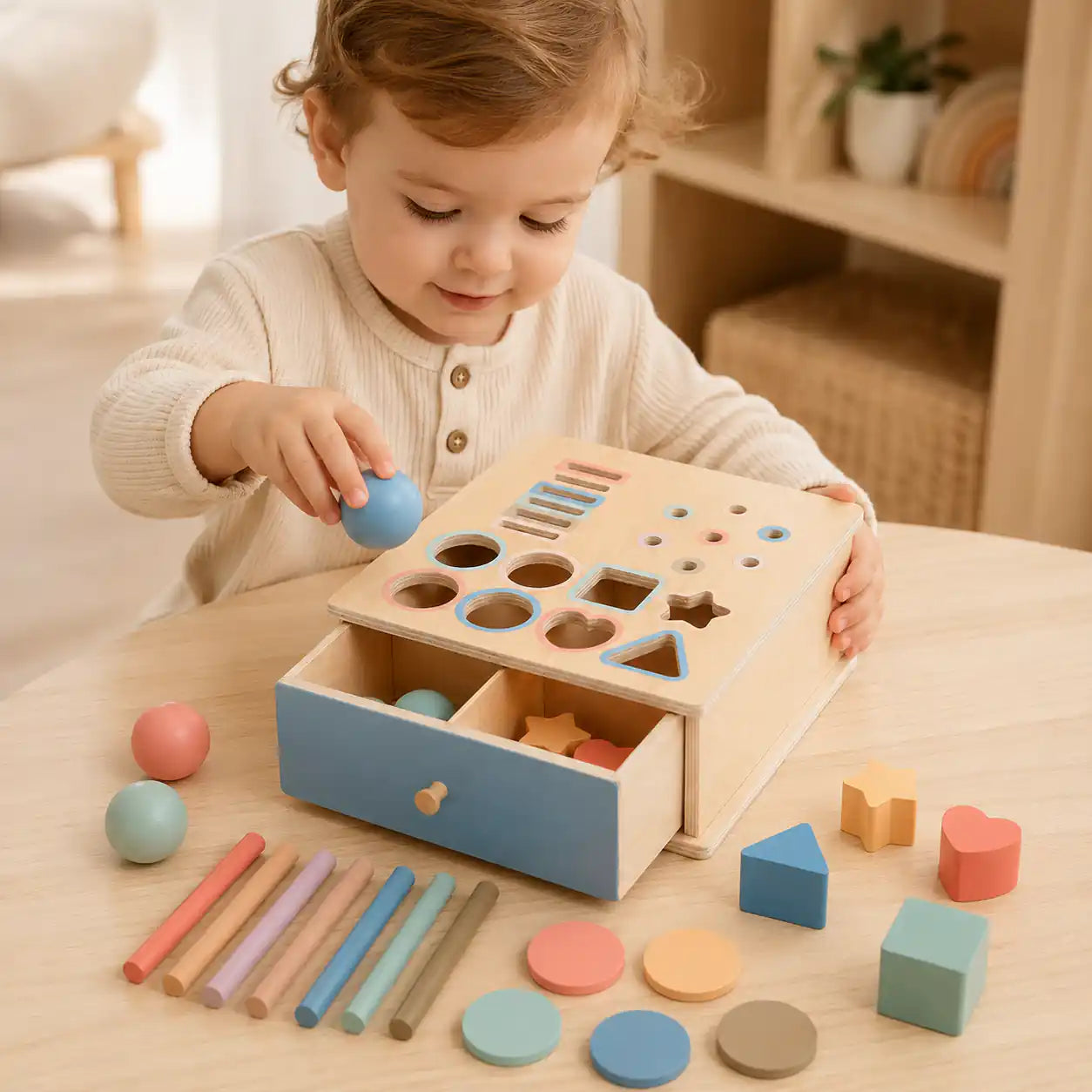 Toddler dropping a wooden ball into the Montessori shape sorter box