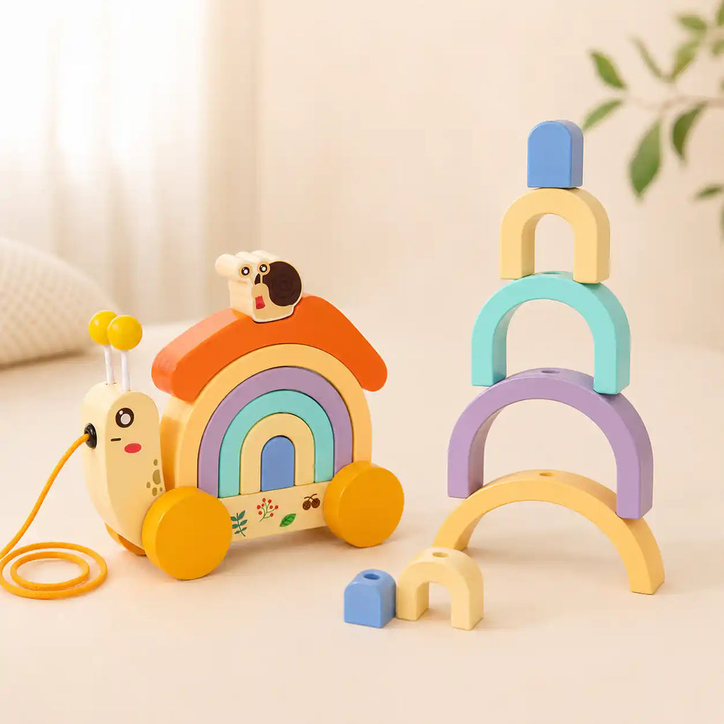 Close-up details of wooden snail pull toy — antennae, snail topper, pastel rainbow arches, and wooden wheels