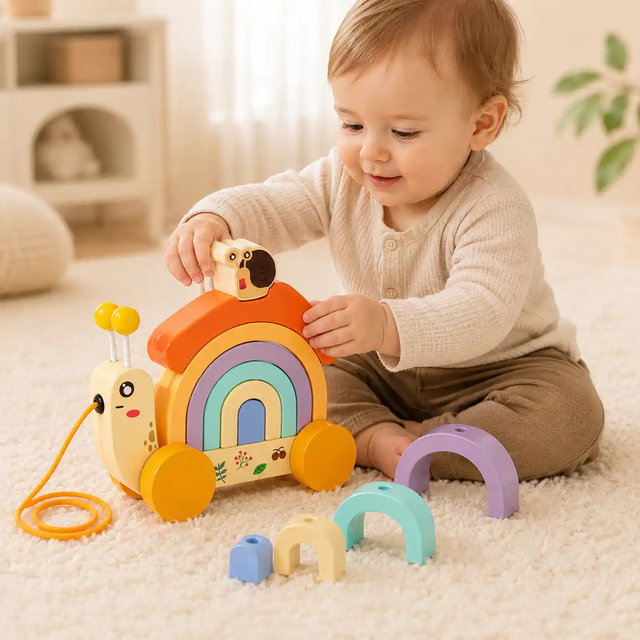 Toddler crawling on a soft rug while pulling the wooden snail pull-along toy by its string