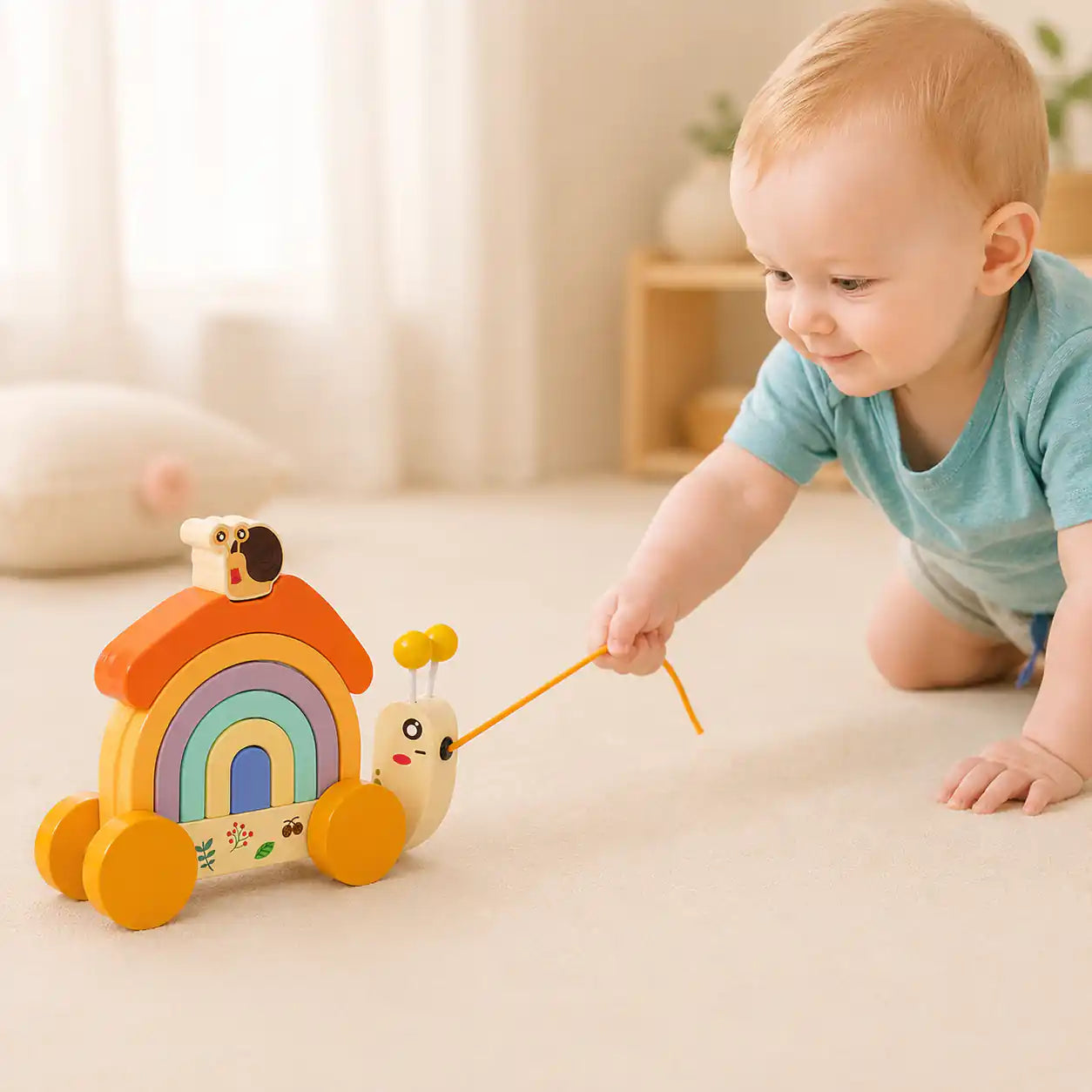 Wooden snail pull-along stacker styled in a soft nursery setting with a plush bunny and linen pillow