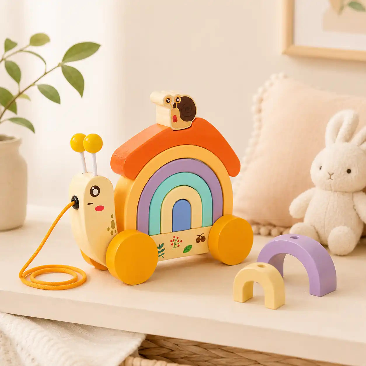 Wooden snail rainbow stacker shown next to a wooden ruler for size reference, approximately 20 centimeters tall