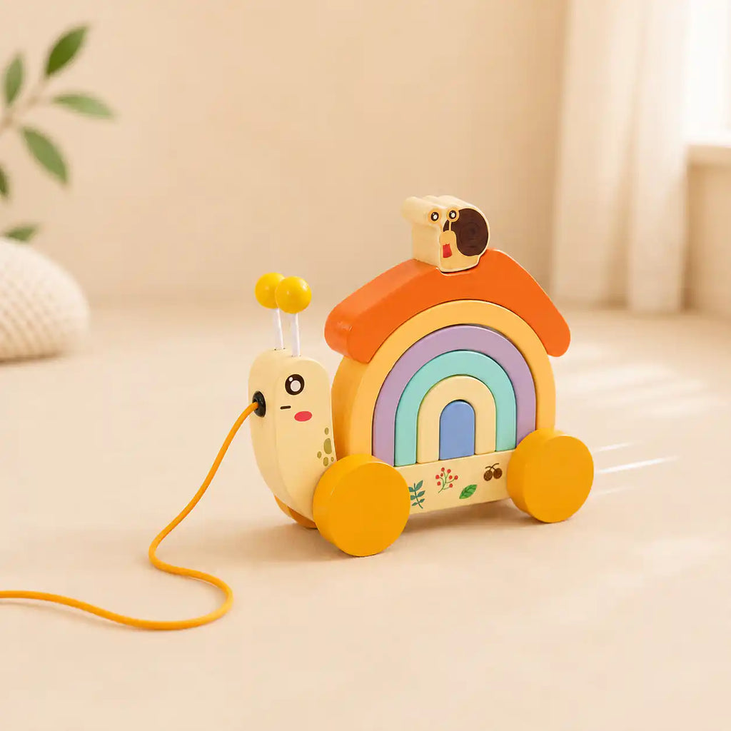 Toddler hands placing the small wooden snail figure on top of the rainbow stacker arches