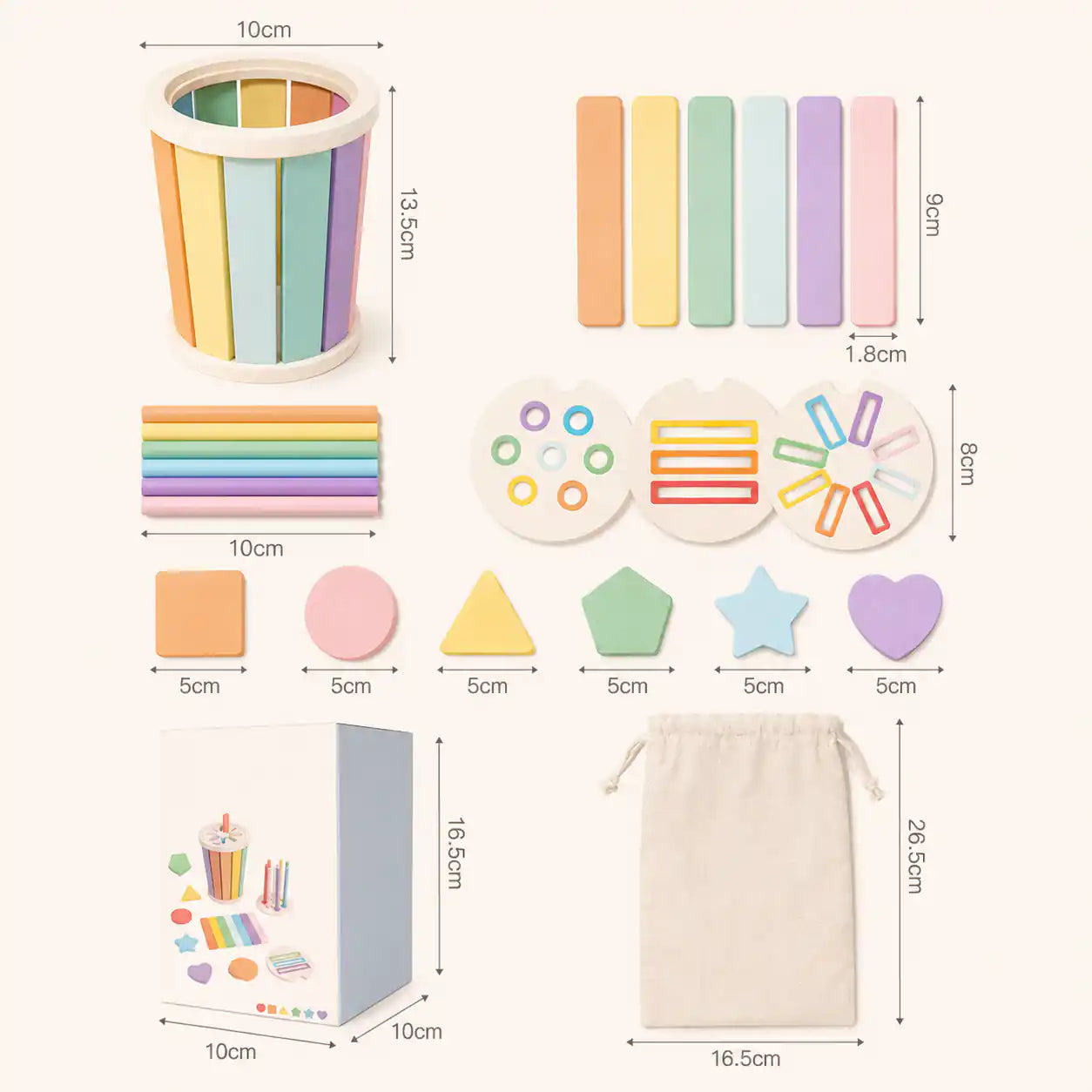 Four-panel image showing each interchangeable sorting disc of the wooden cylinder being used with dowels, sticks, and shape pieces